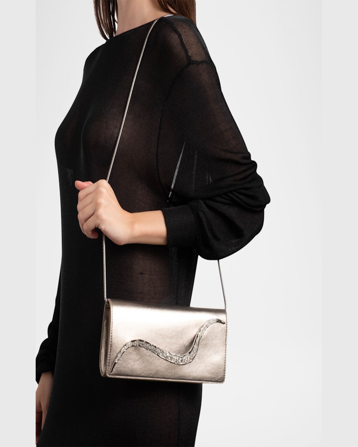 ALEXIS BITTAR CRYSTAL CURVE METALLIC LEATHER CLUTCH BAG 