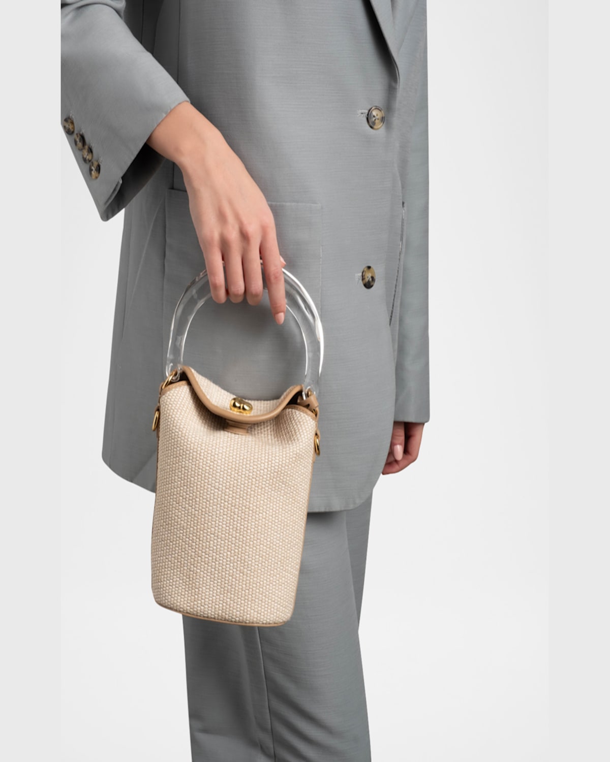 ALEXIS BITTAR LIQUID LUCITE RAFFIA & LEATHER BUCKET BAG 