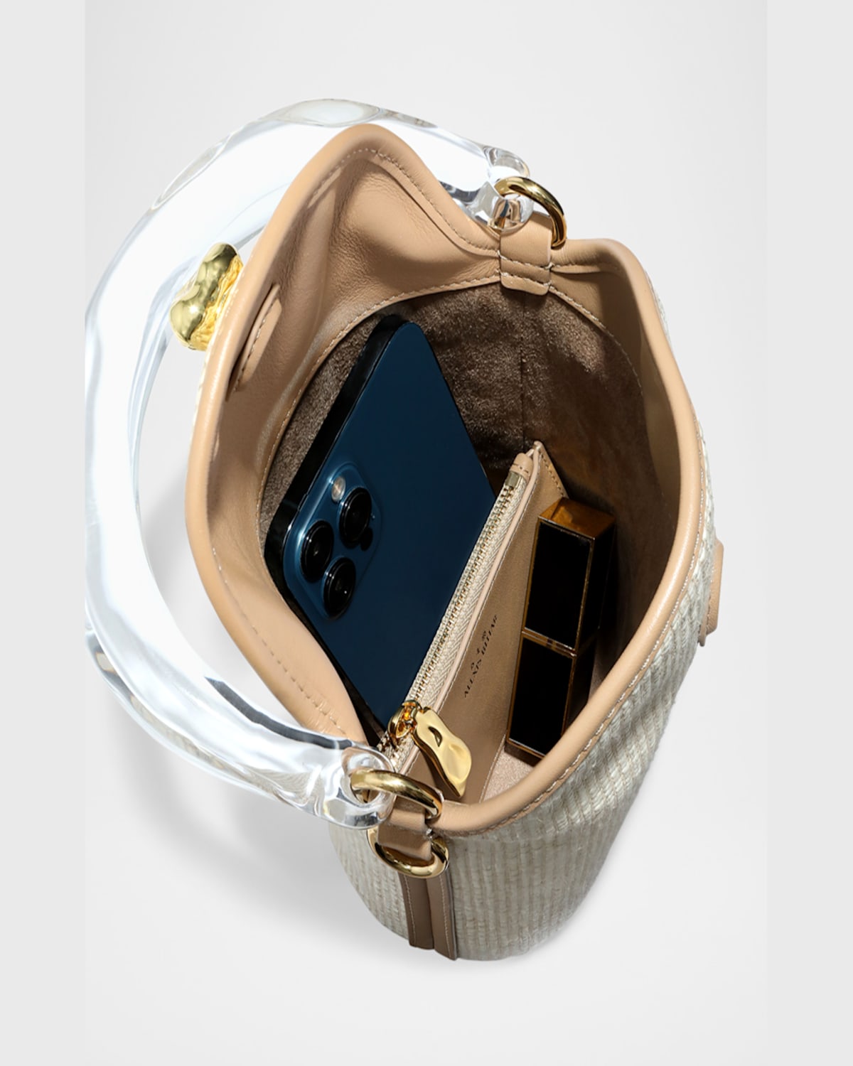 ALEXIS BITTAR LIQUID LUCITE RAFFIA & LEATHER BUCKET BAG 