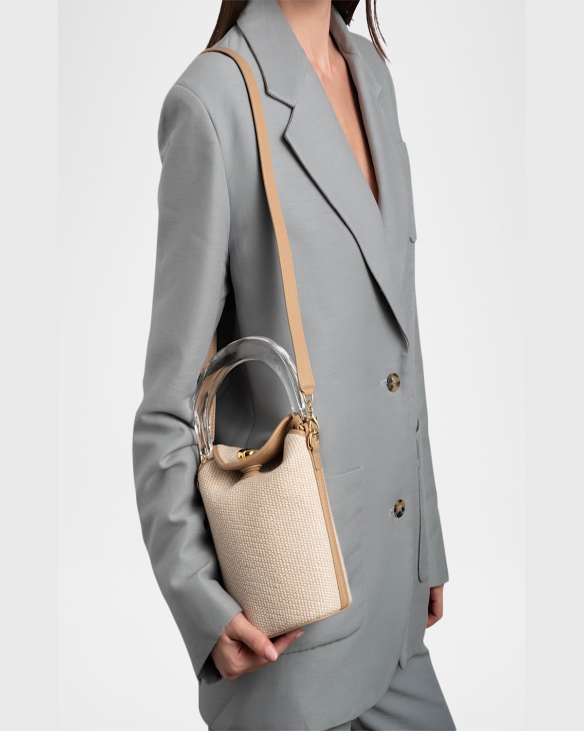 ALEXIS BITTAR LIQUID LUCITE RAFFIA & LEATHER BUCKET BAG 