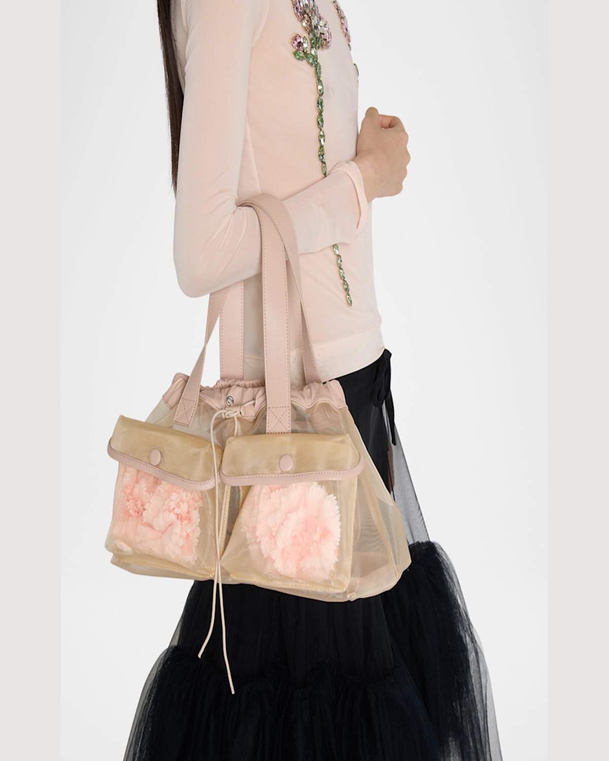 Simone Rocha Mini Sheer Stuffed Carnation Drawstring Top-handle Bag In Nude