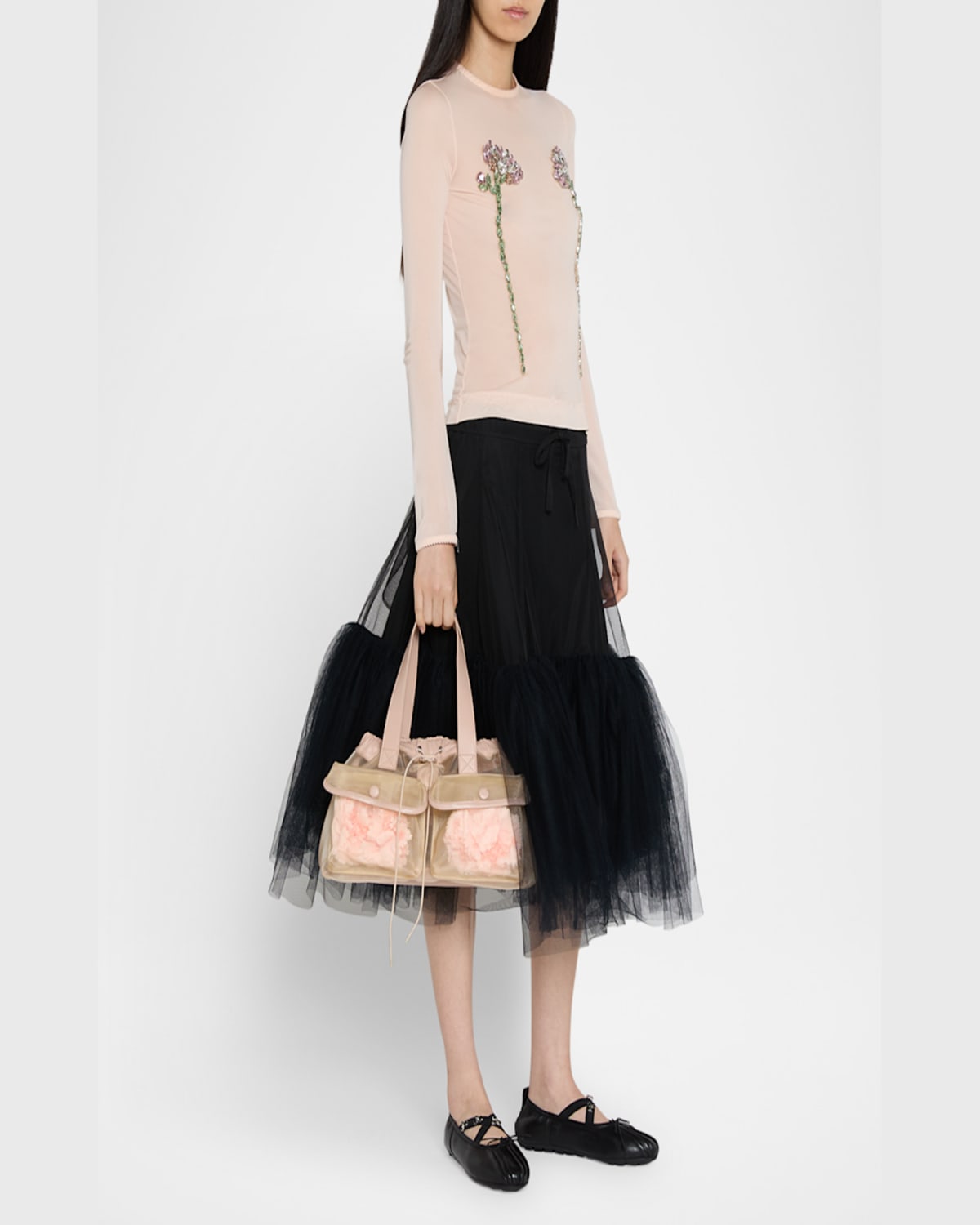 Simone Rocha Mini Sheer Stuffed Carnation Drawstring Top-handle Bag In Nude