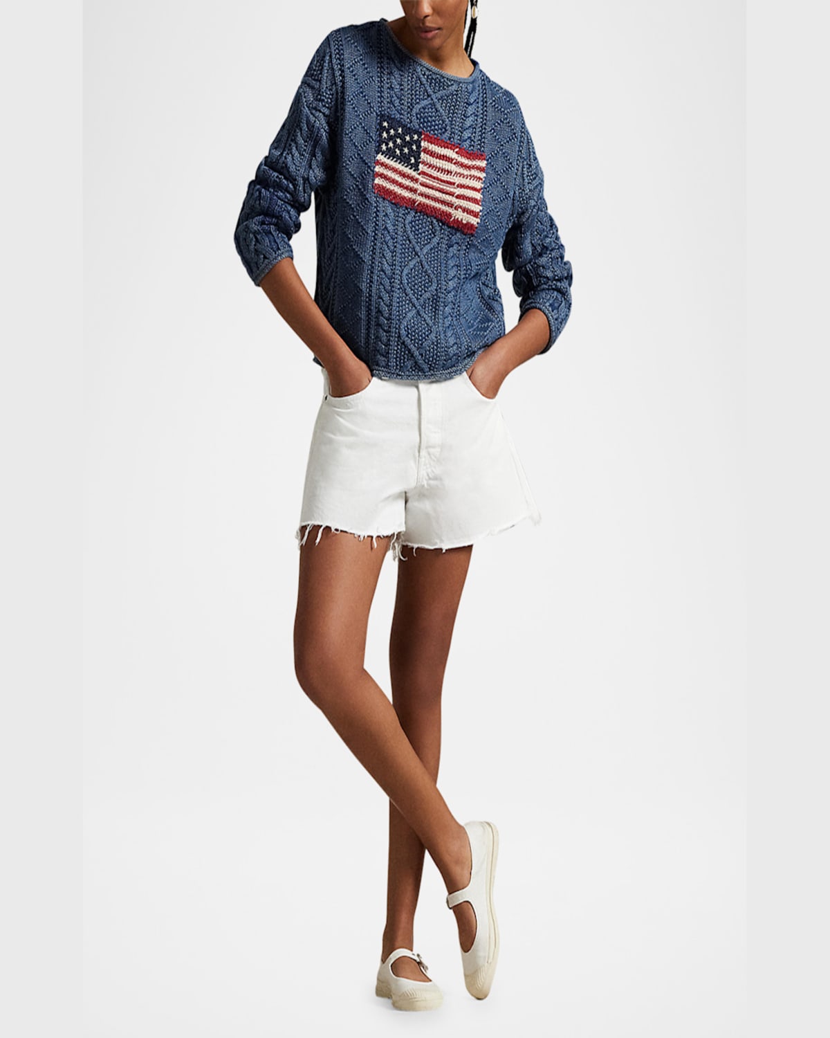Shop Polo Ralph Lauren Flag Aran-knit Cotton Sweater In Indigo Multi