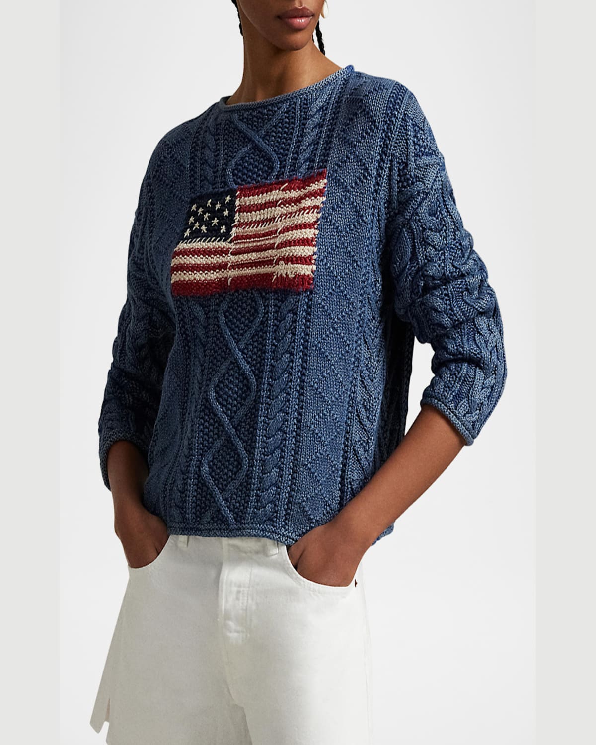 Shop Polo Ralph Lauren Flag Aran-knit Cotton Sweater In Indigo Multi