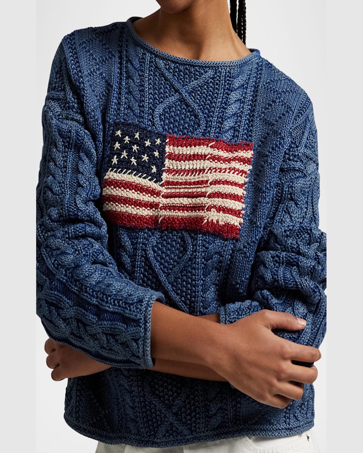 Shop Polo Ralph Lauren Flag Aran-knit Cotton Sweater In Indigo Multi
