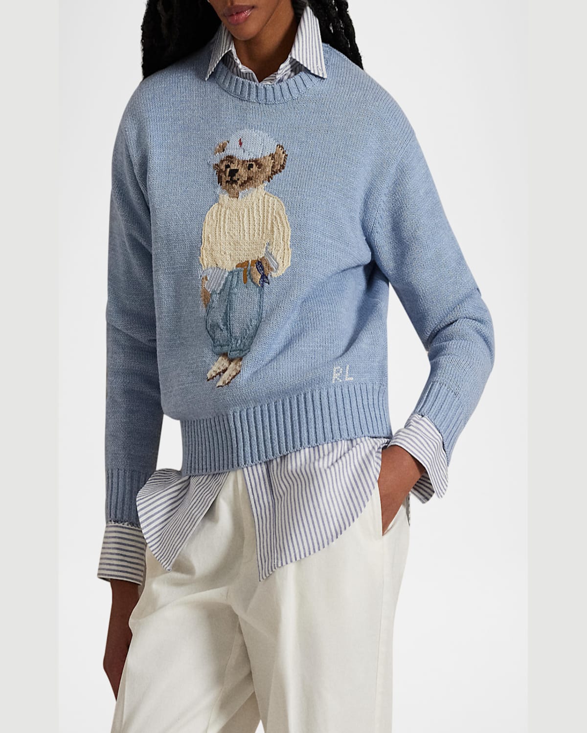 Shop Polo Ralph Lauren Polo Bear Crewneck Sweater In Chambray Marl
