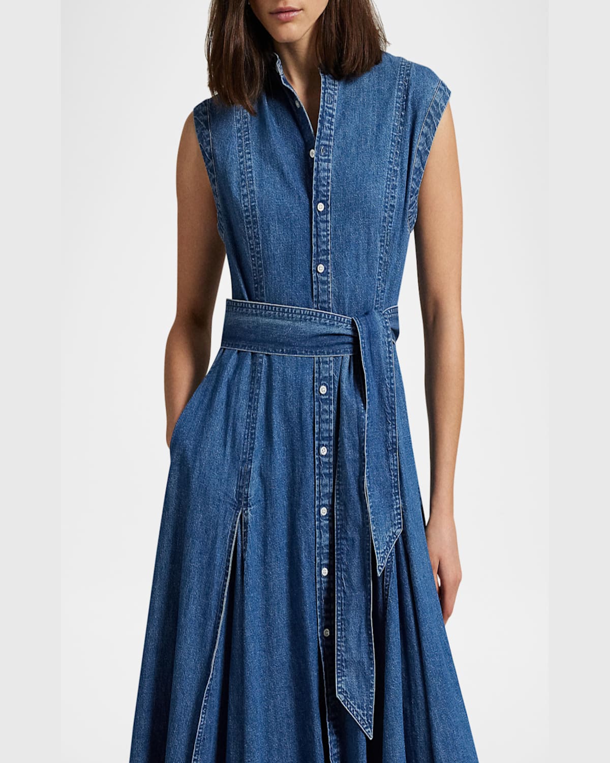 Polo Ralph Lauren Womens Indigo Belted Sleeveless Denim Midi Dress In Indigo