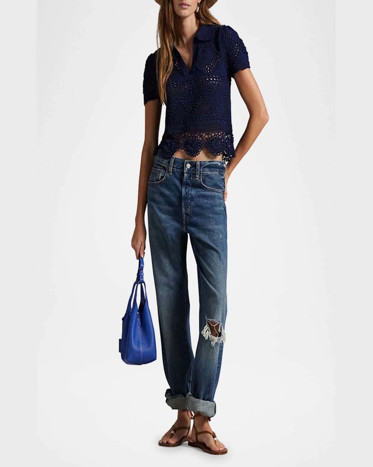 Shop Polo Ralph Lauren Pointelle Cotton Polo Shirt In Spring Navy