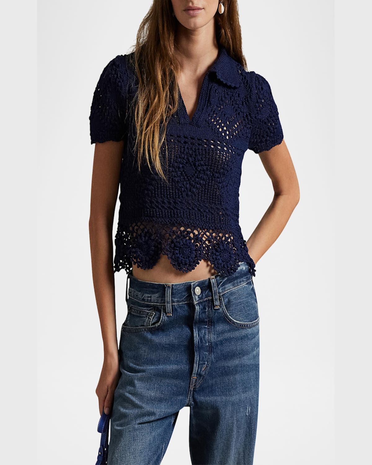 Shop Polo Ralph Lauren Pointelle Cotton Polo Shirt In Spring Navy