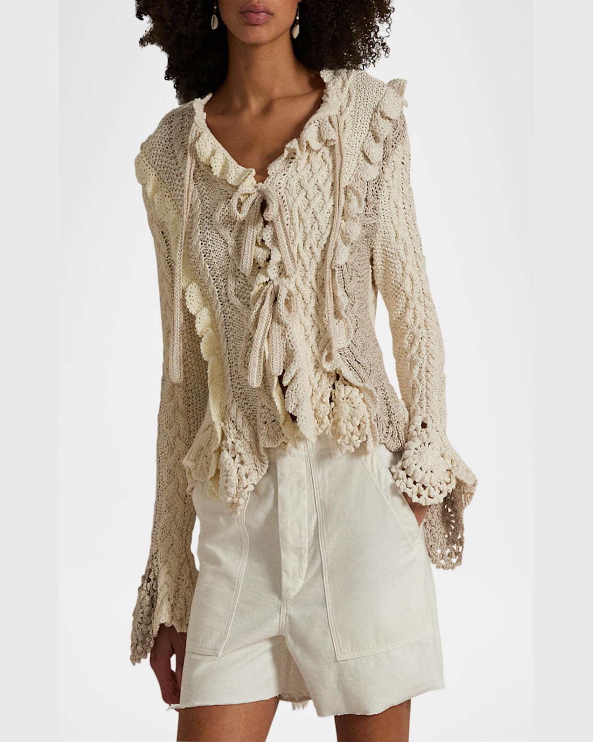 Polo Ralph Lauren Mixed-stitch Tie-front Cardigan In Cream Multi