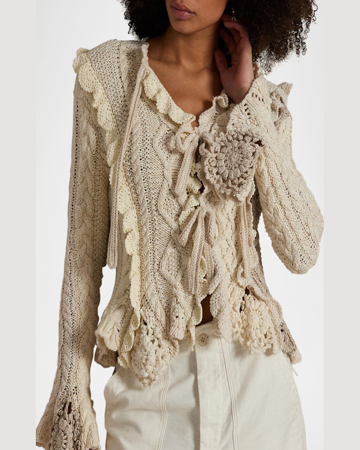 Polo Ralph Lauren Mixed-stitch Tie-front Cardigan In Cream Multi