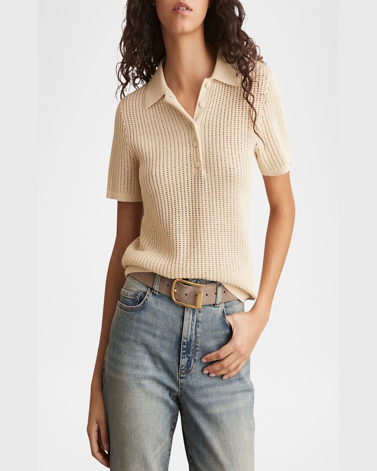 Reiss Ivory Cotton-blend Open-knit Polo Shirt In Ivory