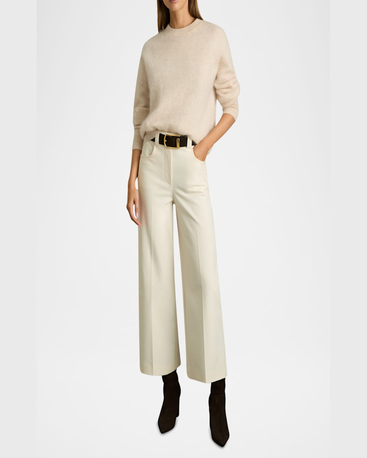 Reiss Myrtle Cropped Wide-leg Twill Trousers In Cream