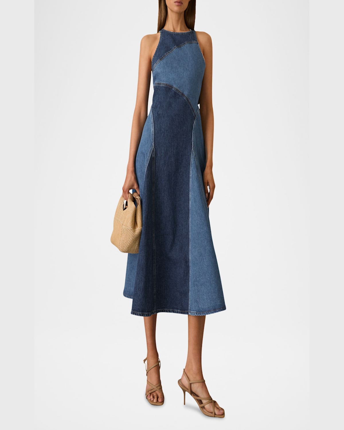 Reiss Wilder Patchwork Cotton Chambray Midi Dress In Indigo