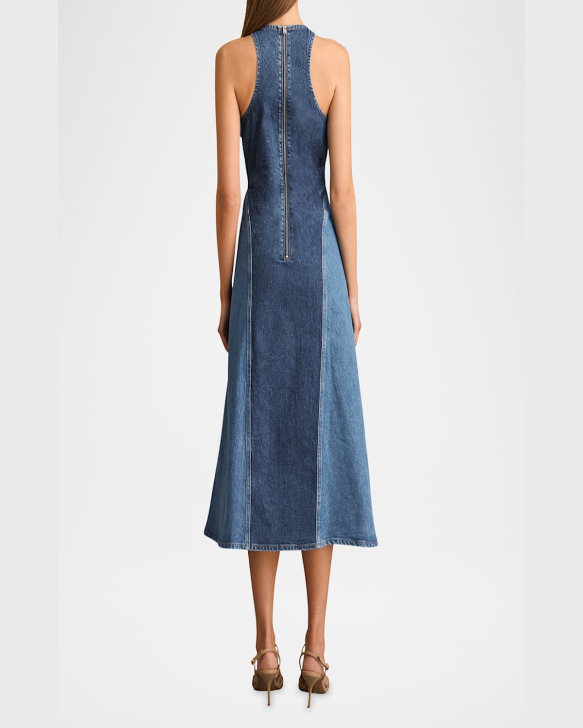 Reiss Wilder Patchwork Cotton Chambray Midi Dress In Indigo