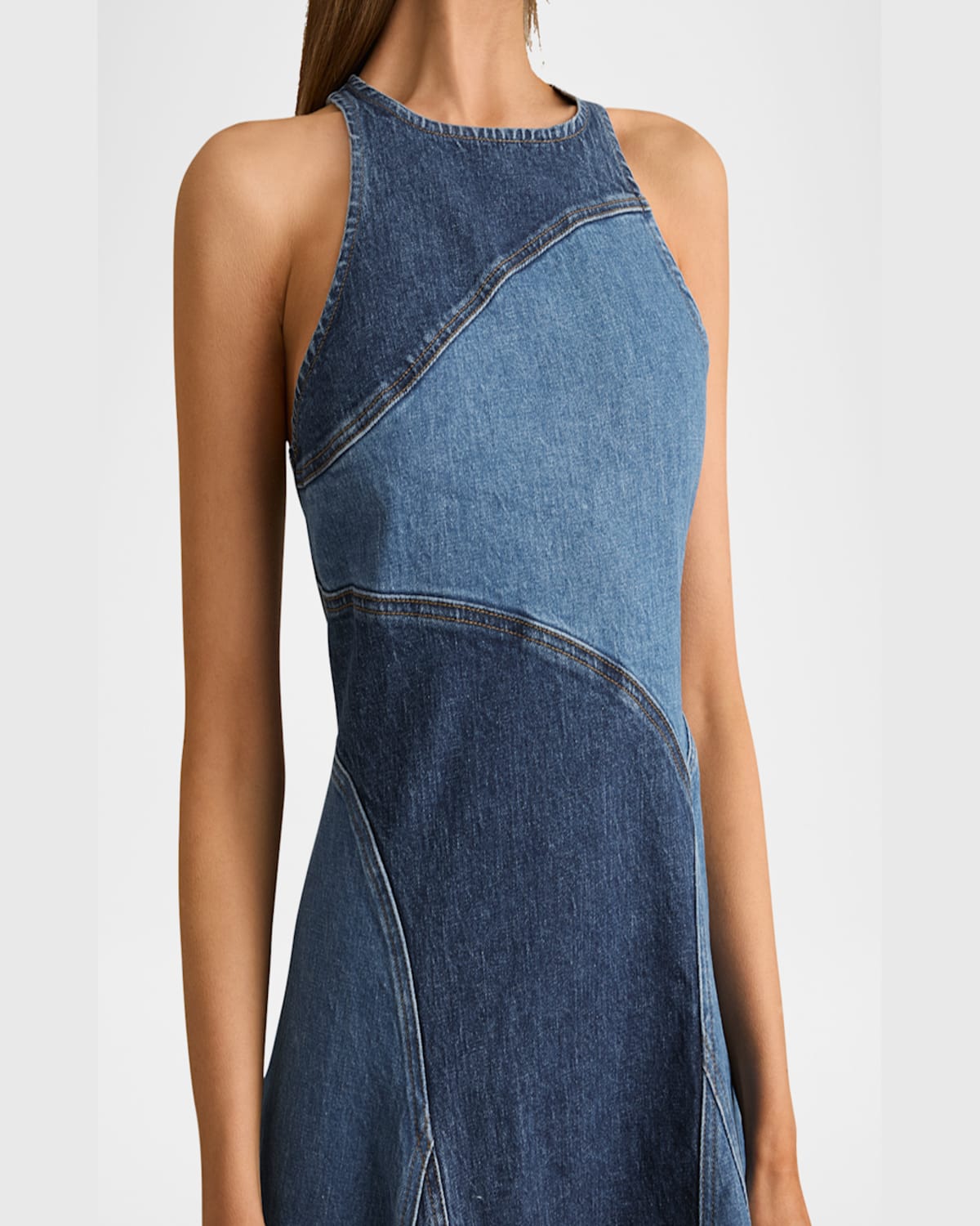 Reiss Wilder Patchwork Cotton Chambray Midi Dress In Indigo