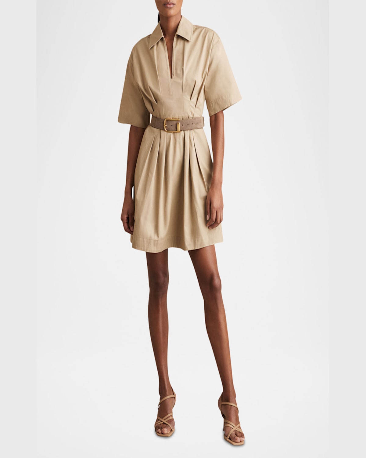 Shop Reiss Rosalie Pleated Cotton Mini Shirtdress In Neutral