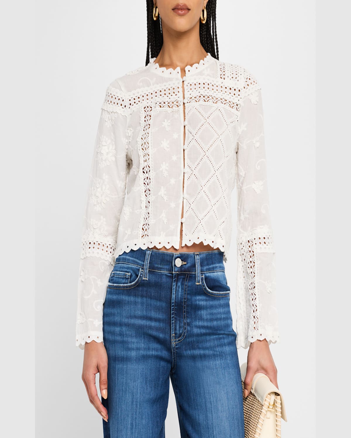 Johnny Was Calista Cropped Lace-inset Jacket In White