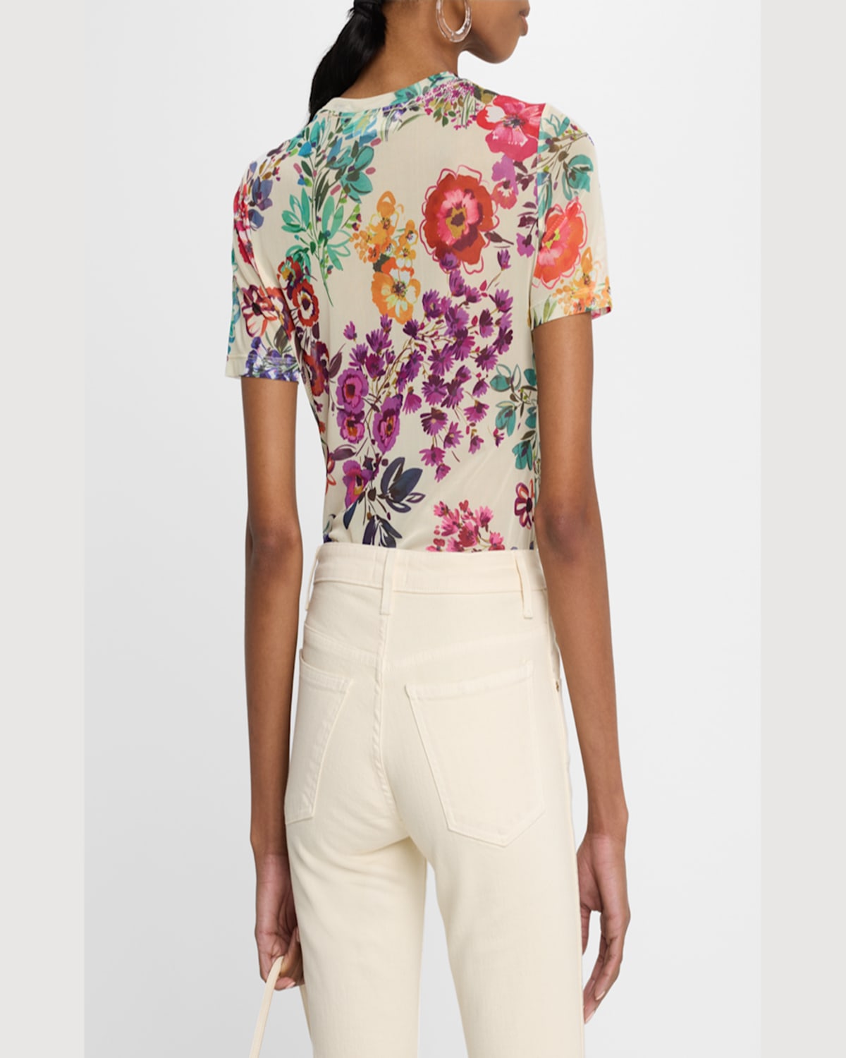 Johnny Was Floral-print Crewneck Mesh Tee In Evalon