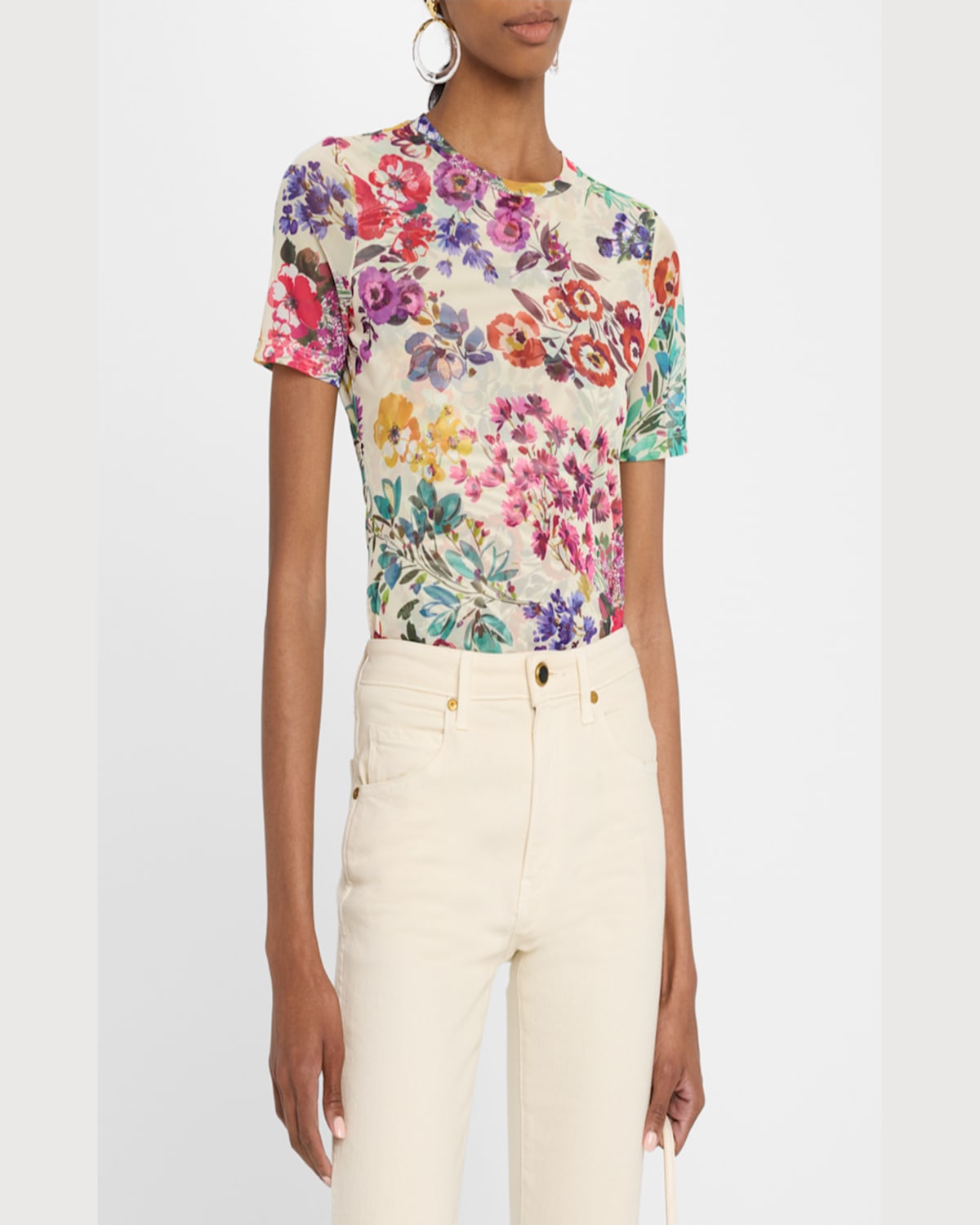 Johnny Was Floral-print Crewneck Mesh Tee In Evalon