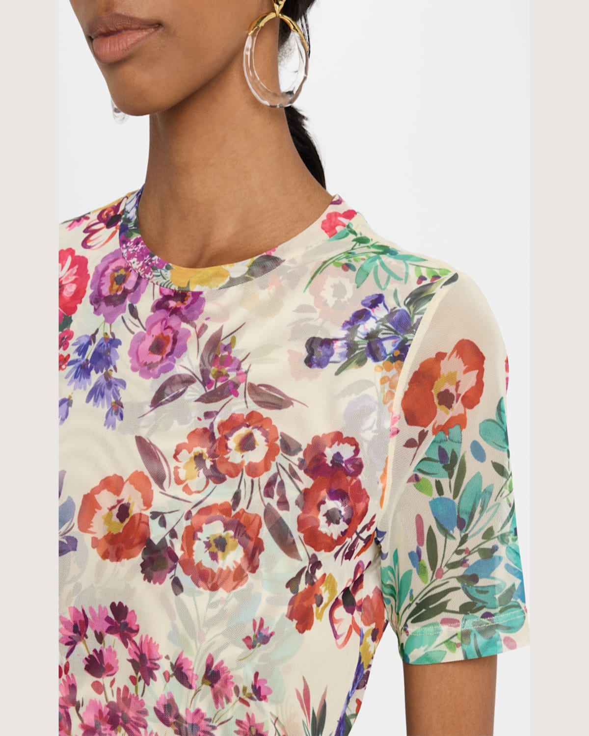 Johnny Was Floral-print Crewneck Mesh Tee In Evalon