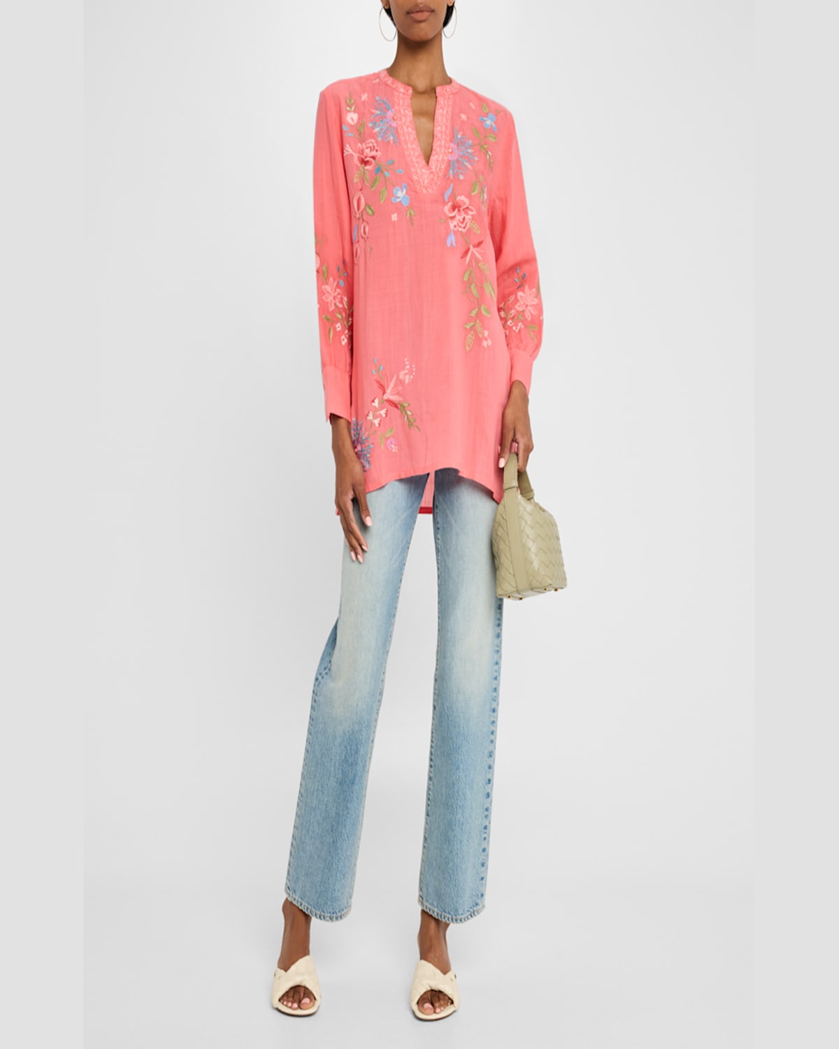 Johnny Was Voyager Floral-embroidered Henley Tunic In Sugar Coral