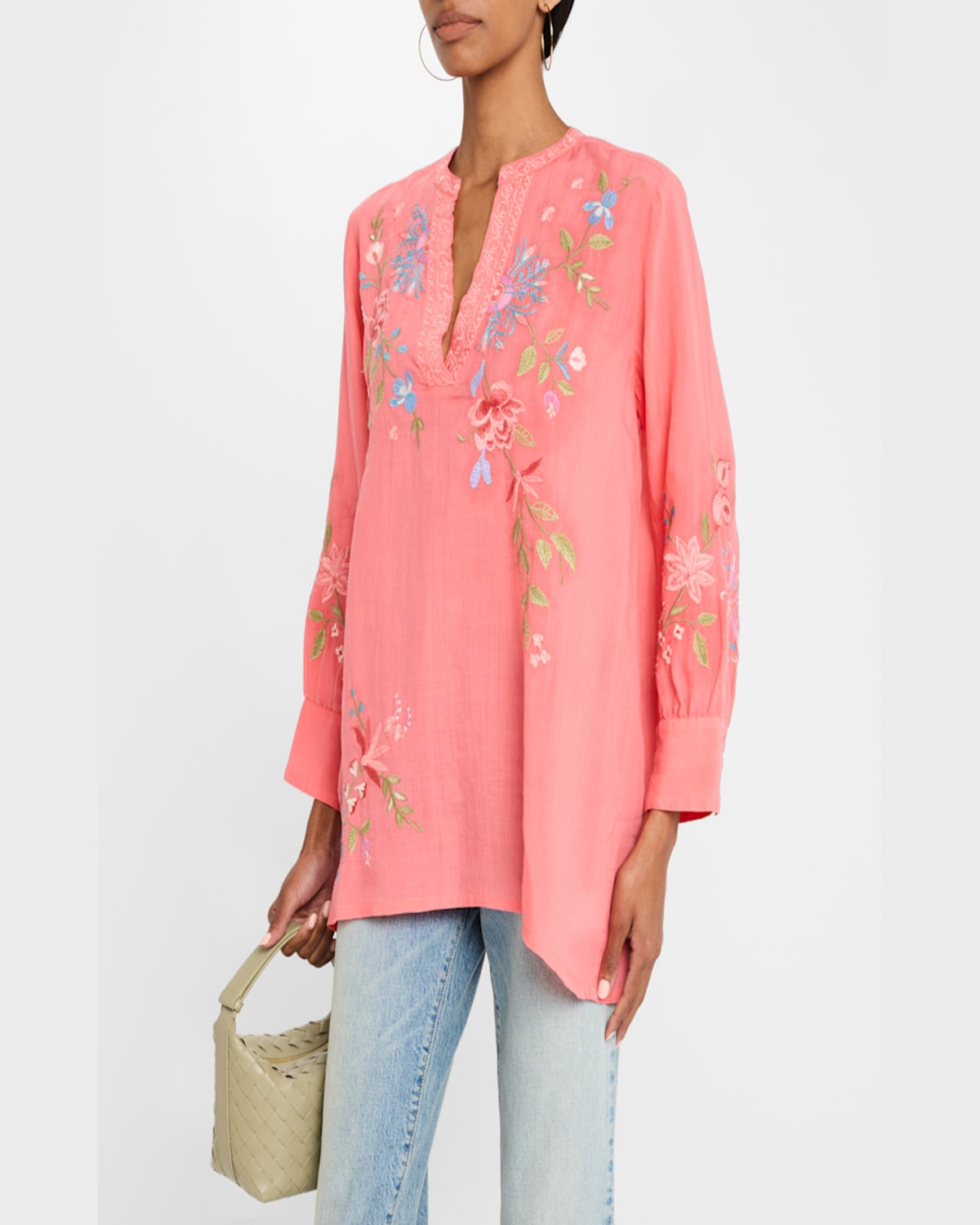 Johnny Was Voyager Floral-embroidered Henley Tunic In Sugar Coral