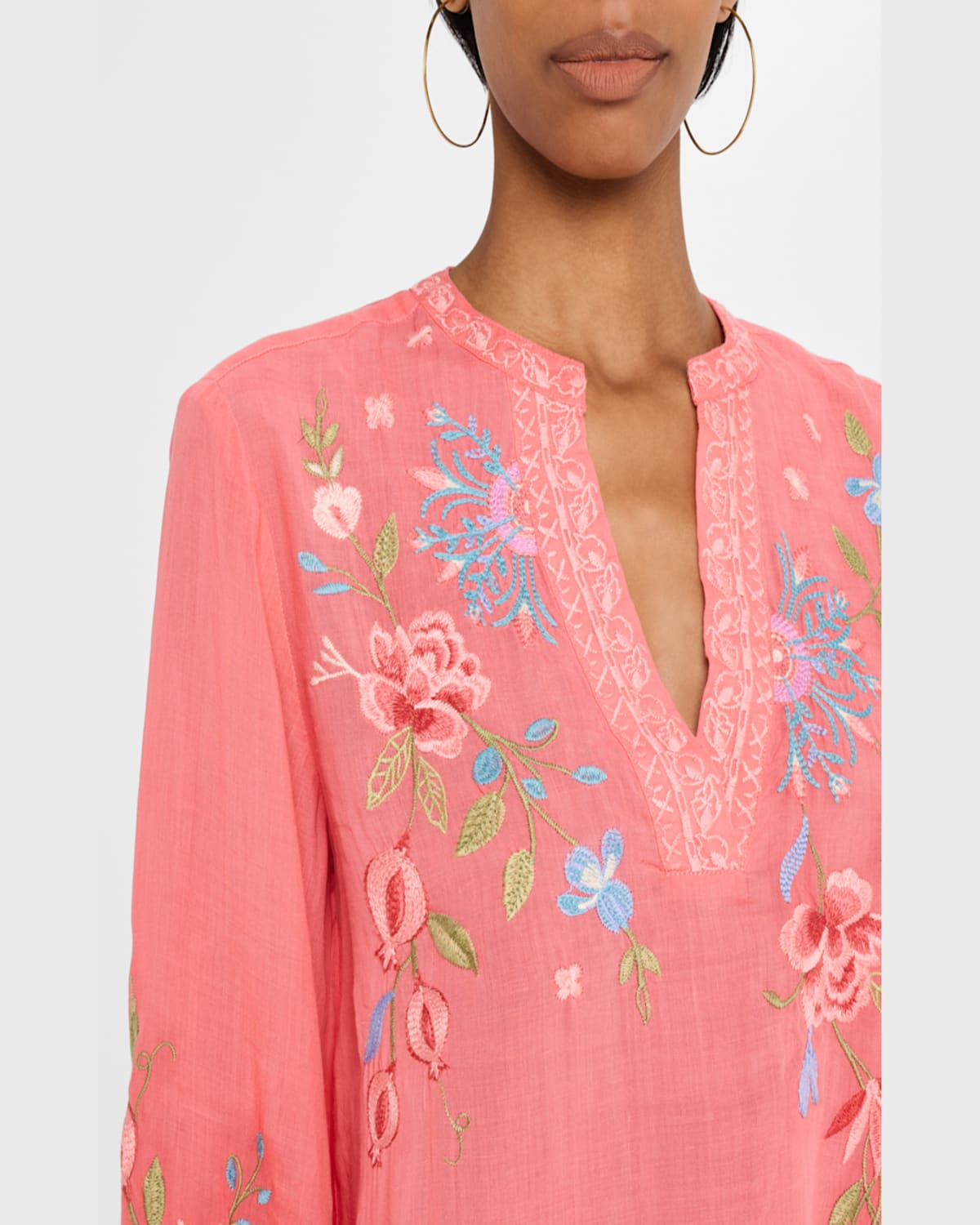Johnny Was Voyager Floral-embroidered Henley Tunic In Sugar Coral
