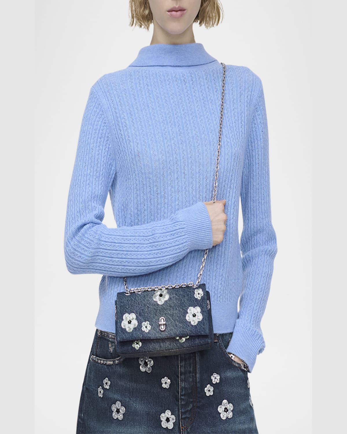Marc Jacobs The Dual Chain Sequin Daisy Denim Wallet On A Chain In Vintage Indigo