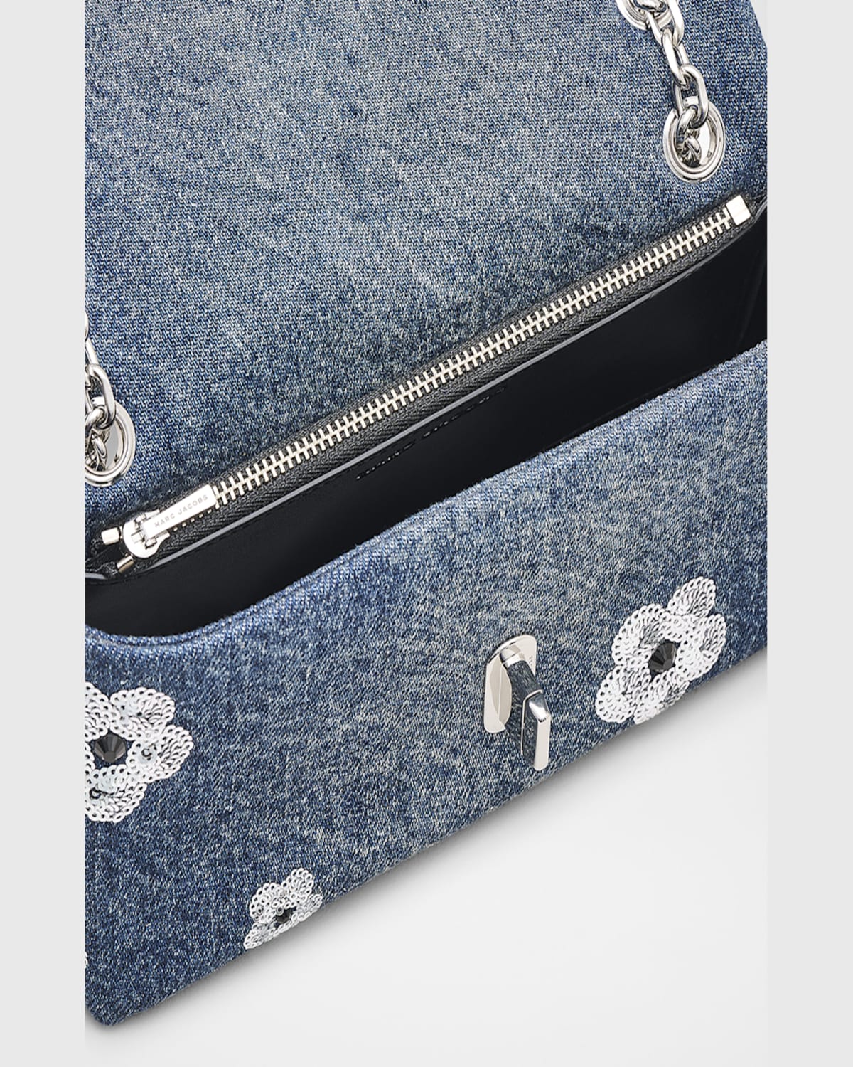 Marc Jacobs The Dual Chain Sequin Daisy Denim Wallet On A Chain In Vintage Indigo