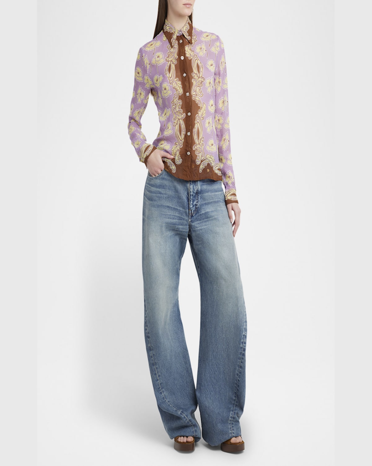Versace Poppies Print Crinkled Crepe Button-up Shirt In Dusty Lavander Tobac