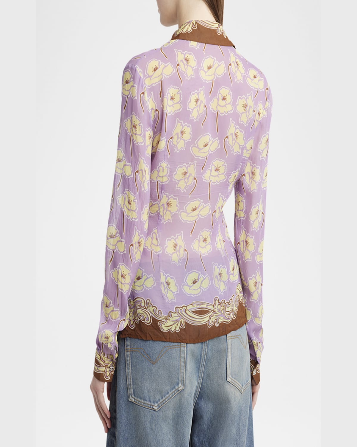 Versace Poppies Print Crinkled Crepe Button-up Shirt In Dusty Lavander Tobac