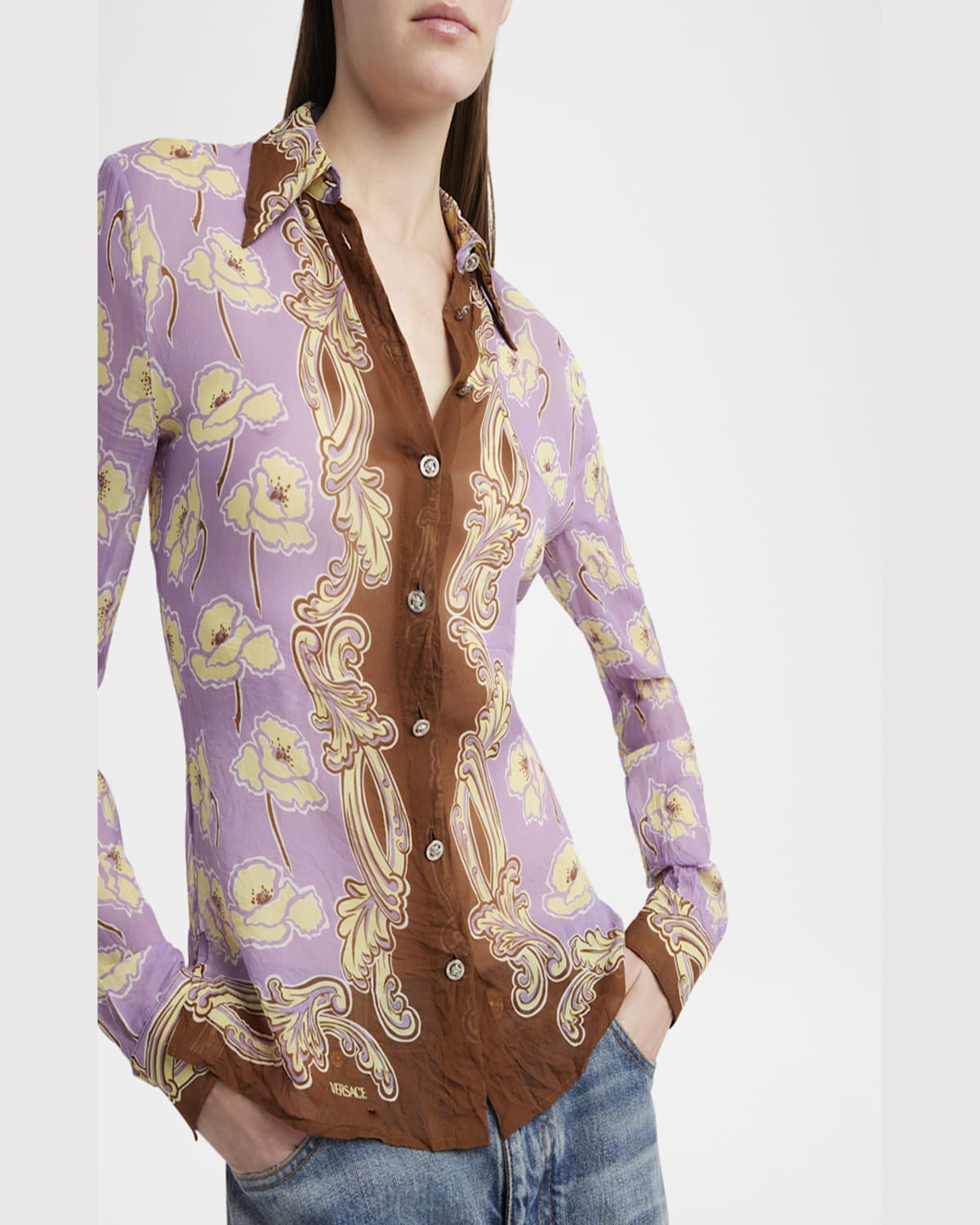 Versace Poppies Print Crinkled Crepe Button-up Shirt In Dusty Lavander Tobac