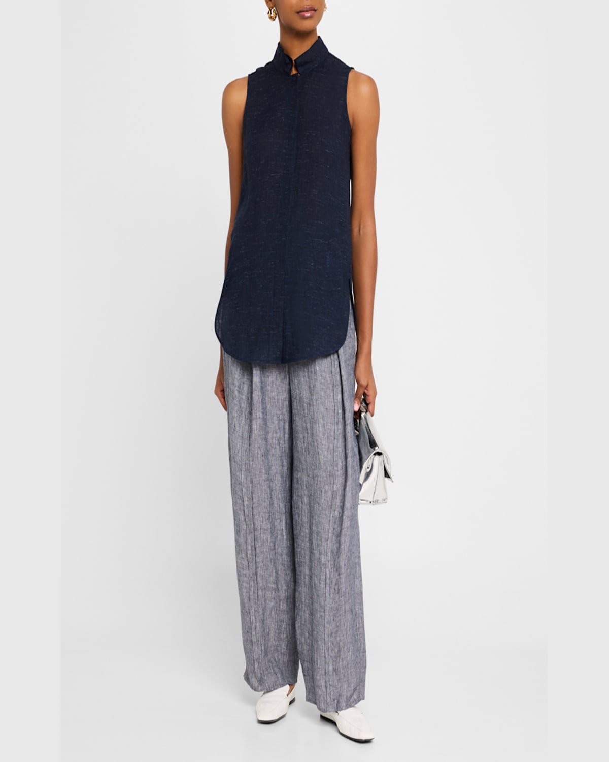EMPORIO ARMANI SLEEVELESS LINEN CHAMBRAY BLOUSE 