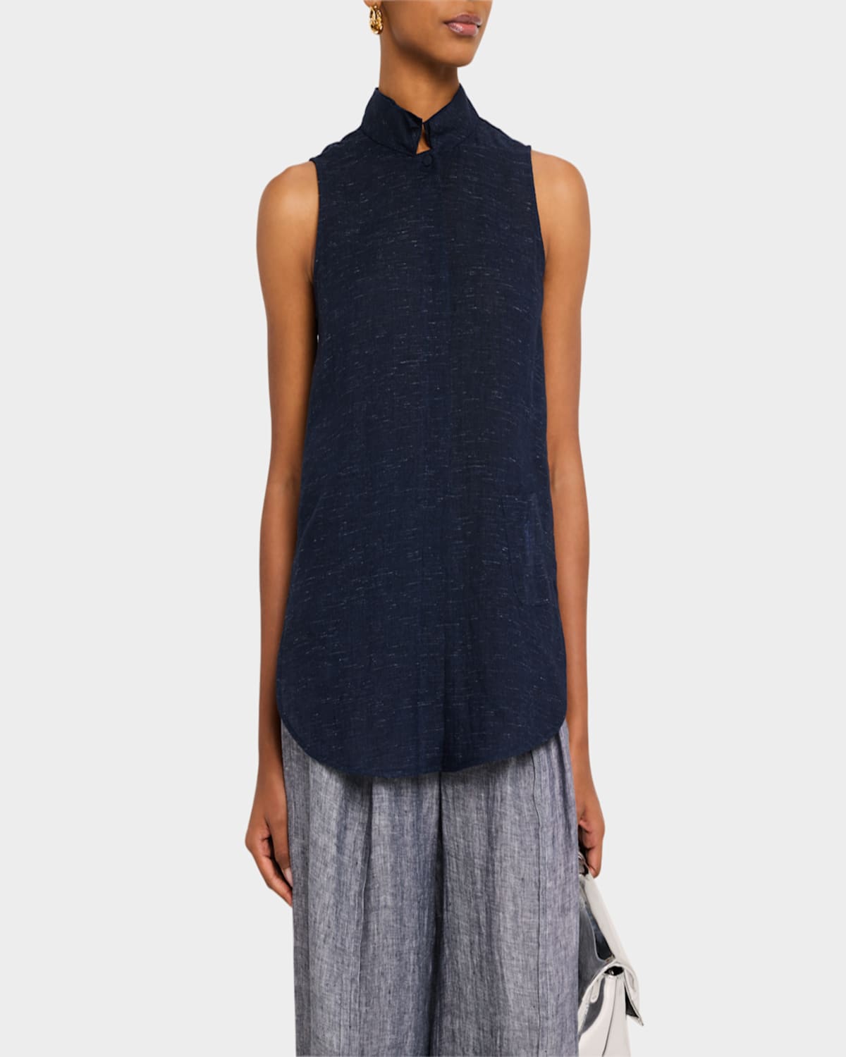 EMPORIO ARMANI SLEEVELESS LINEN CHAMBRAY BLOUSE 