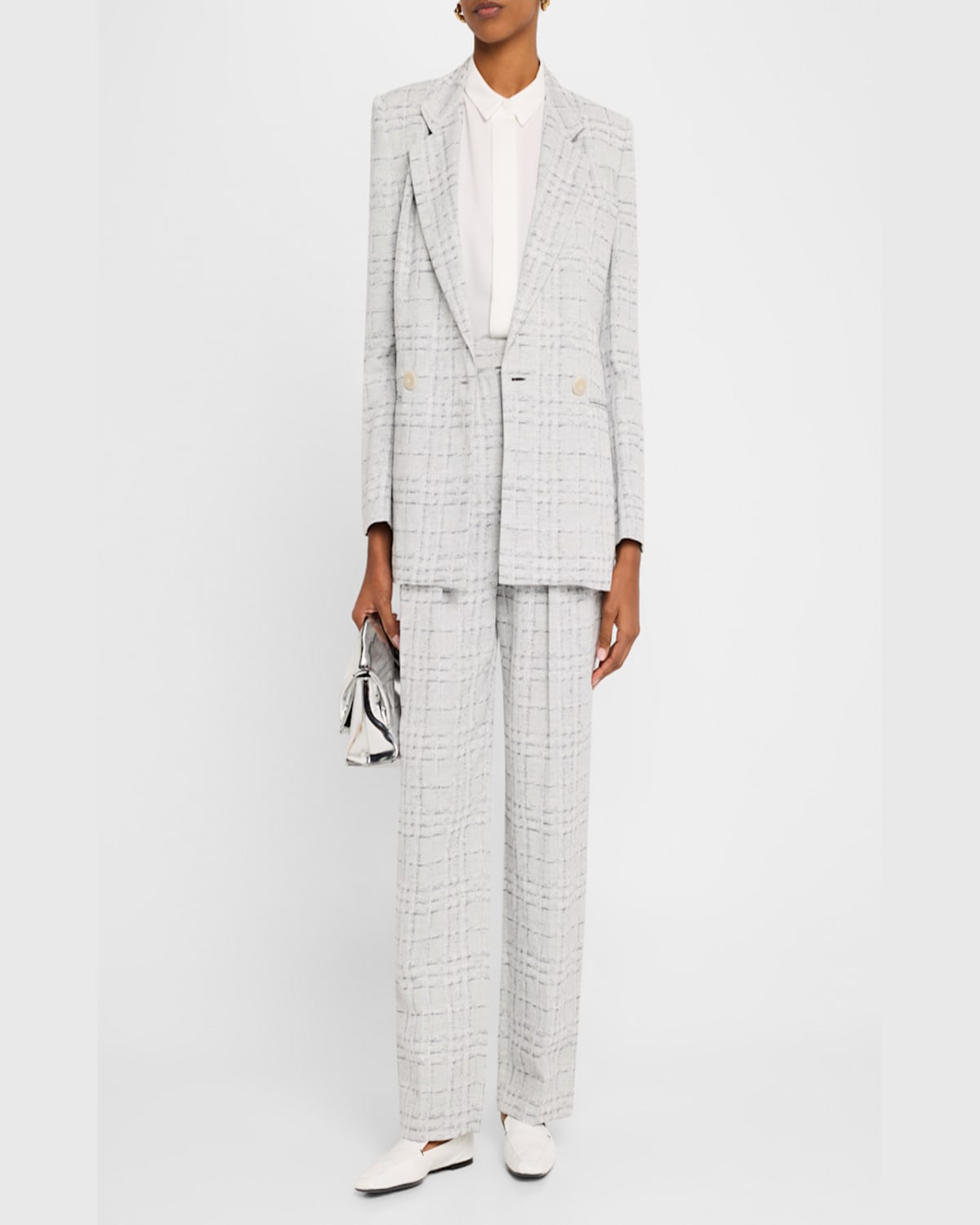 Emporio Armani Cotton And Linen Blend Checkered Trousers In Light Grey