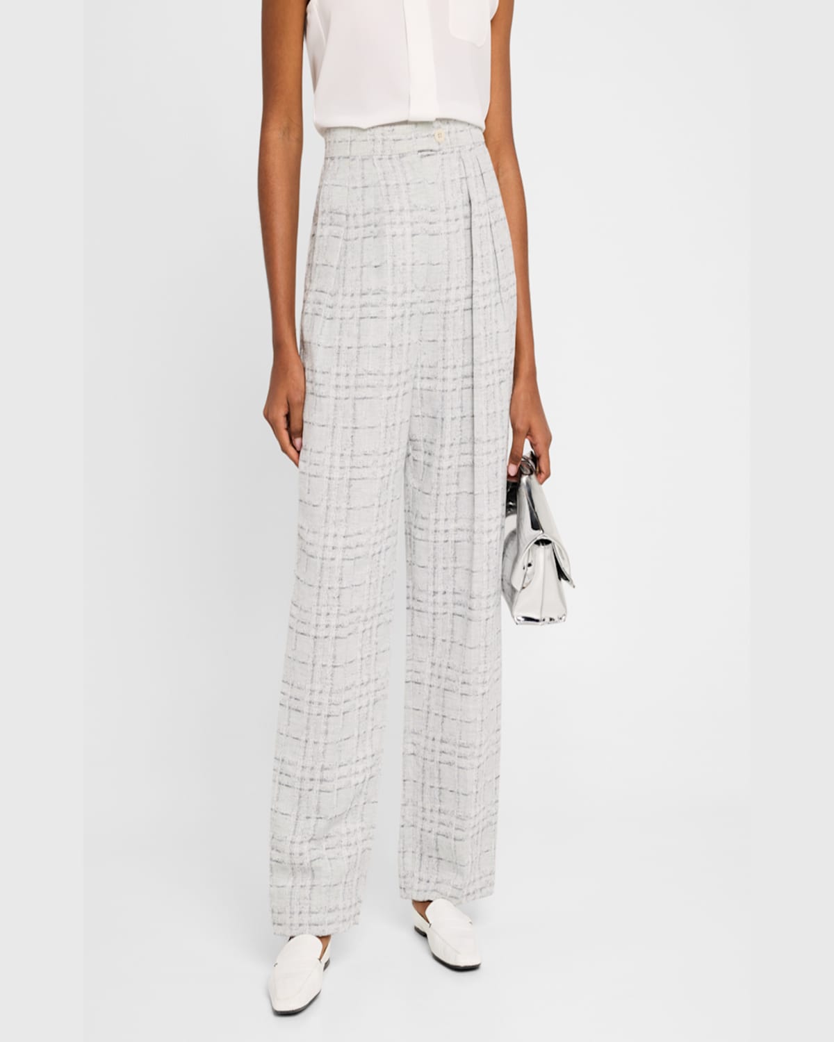 Emporio Armani Cotton And Linen Blend Checkered Trousers In Light Grey