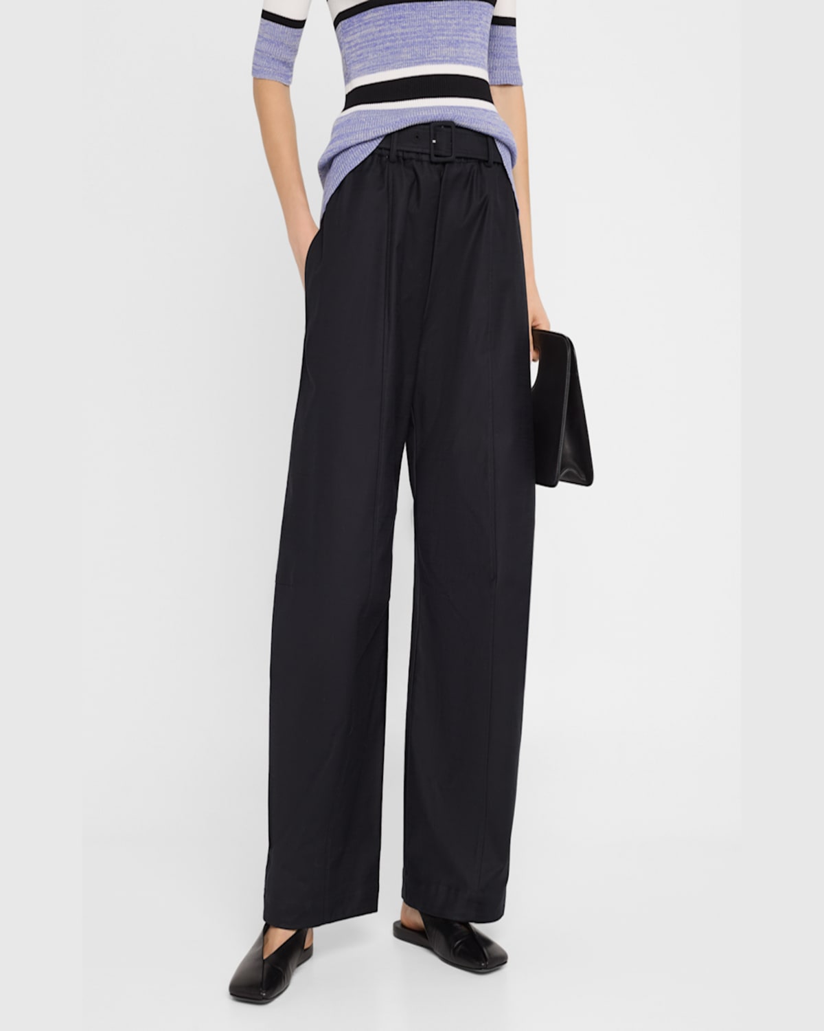 Rosetta Getty Belted Stretch Cotton Shantung Straight-leg Pants In Black