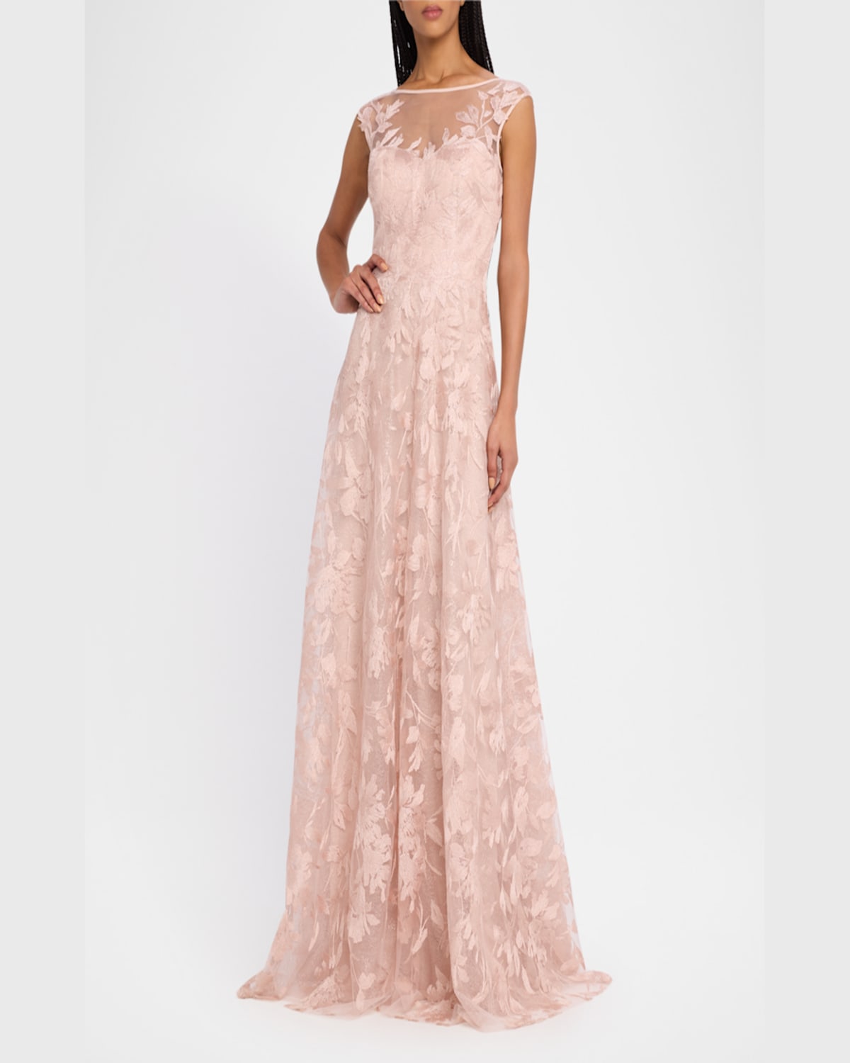 Rickie Freeman For Teri Jon Sleeveless Embroidered Floral Applique Gown In Blush Pink