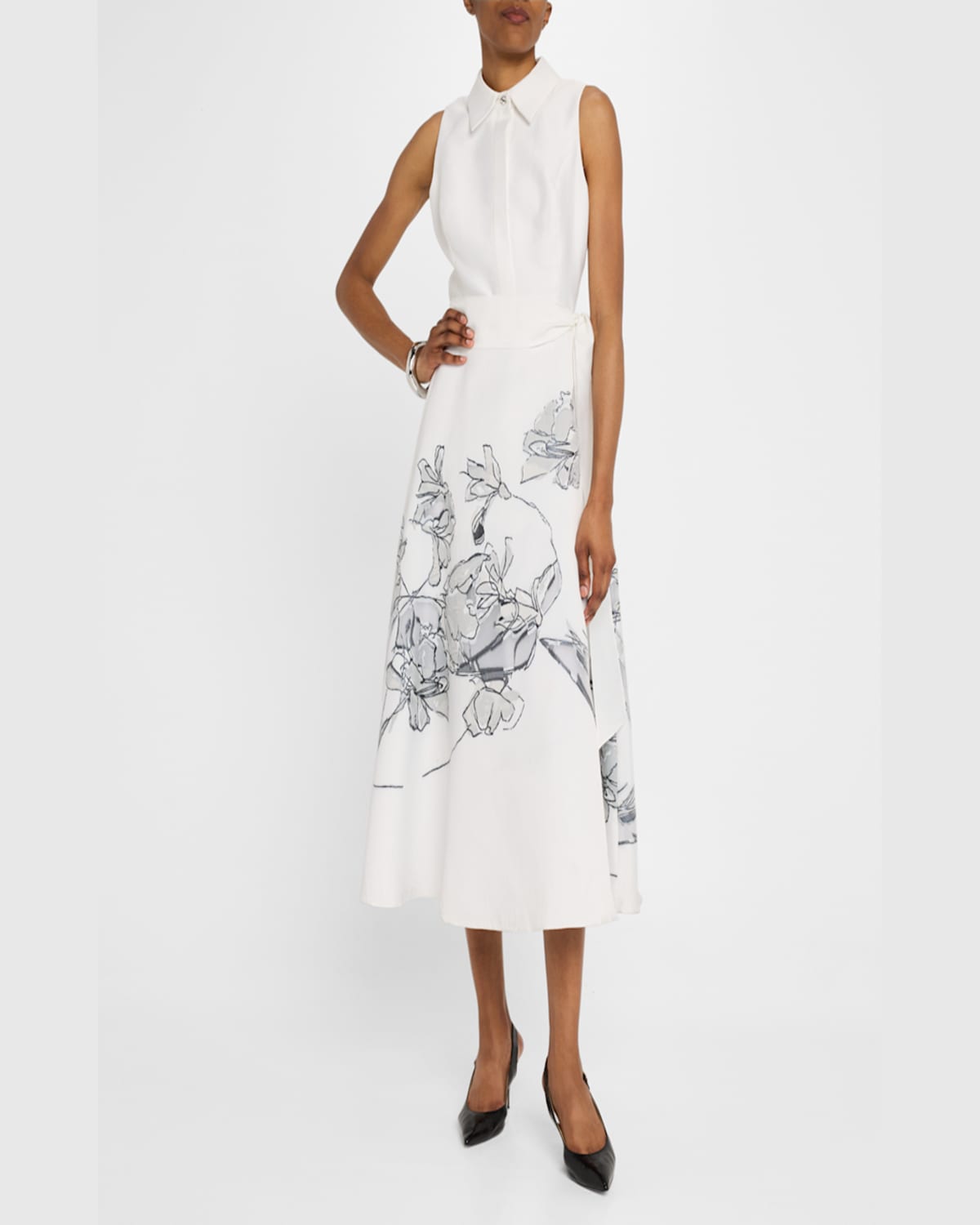 Rickie Freeman For Teri Jon Sleeveless Floral Burnout Midi Shirtdress In White Silver