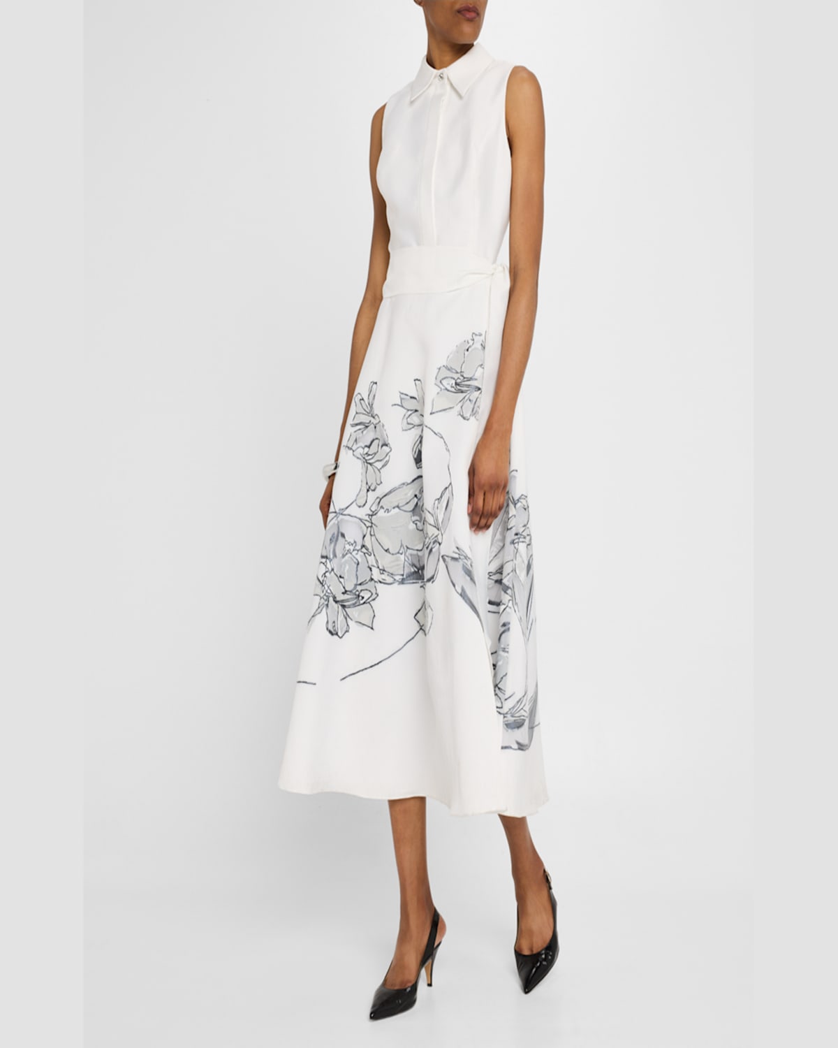 Rickie Freeman For Teri Jon Sleeveless Floral Burnout Midi Shirtdress In White Silver
