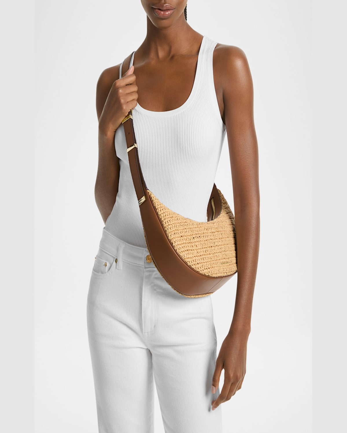 Michael Michael Kors Avra Medium Raffia-textured Crossbody Bag In Nat/lugg