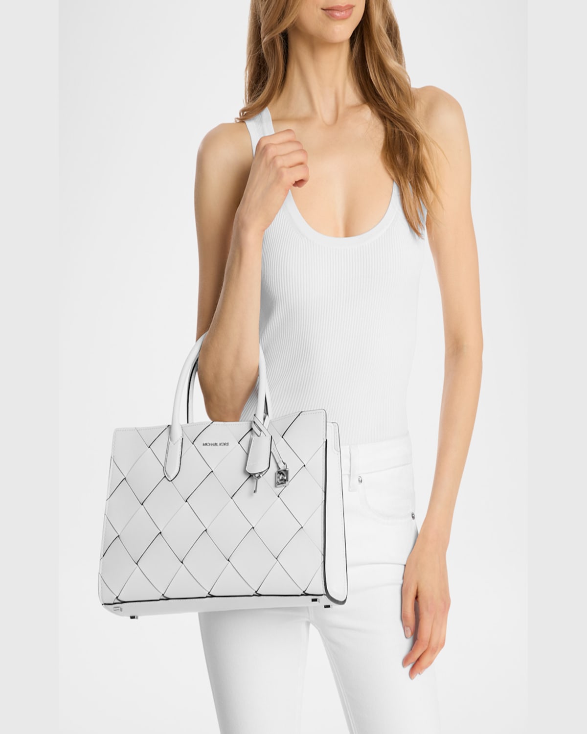 Michael Michael Kors Scarlett Small Woven Leather Tote Bag In Optic Whit