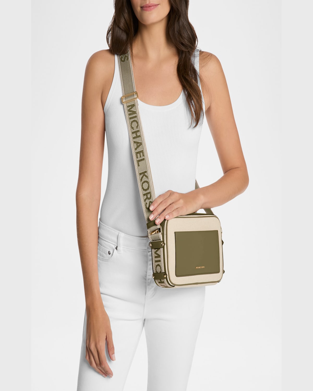 Michael Michael Kors Maeve Large Pocket Canvas Crossbody Bag In Safari Gre
