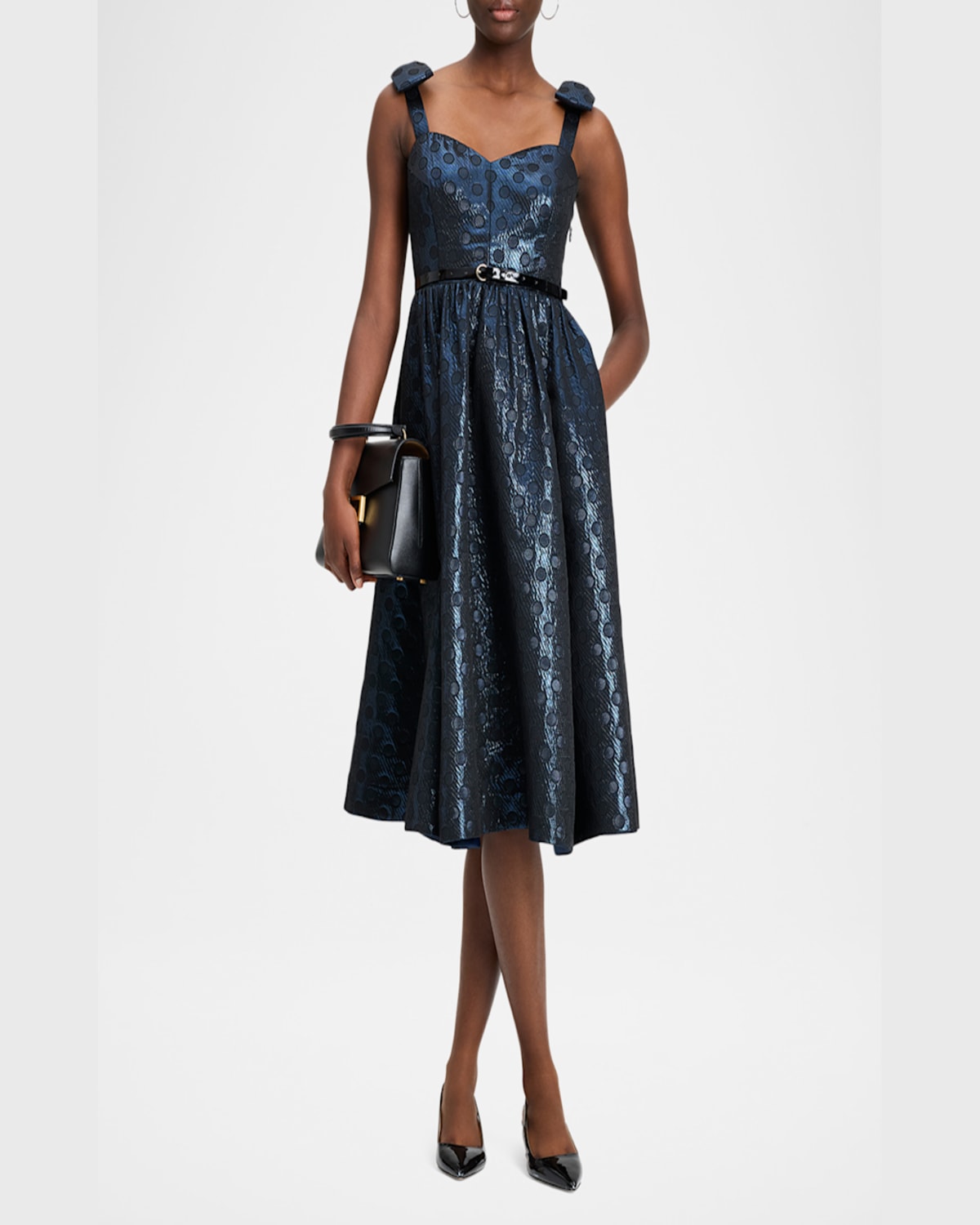 Kate Spade Breezy Dot Metallic Brocade Midi Dress In Planetary Navy