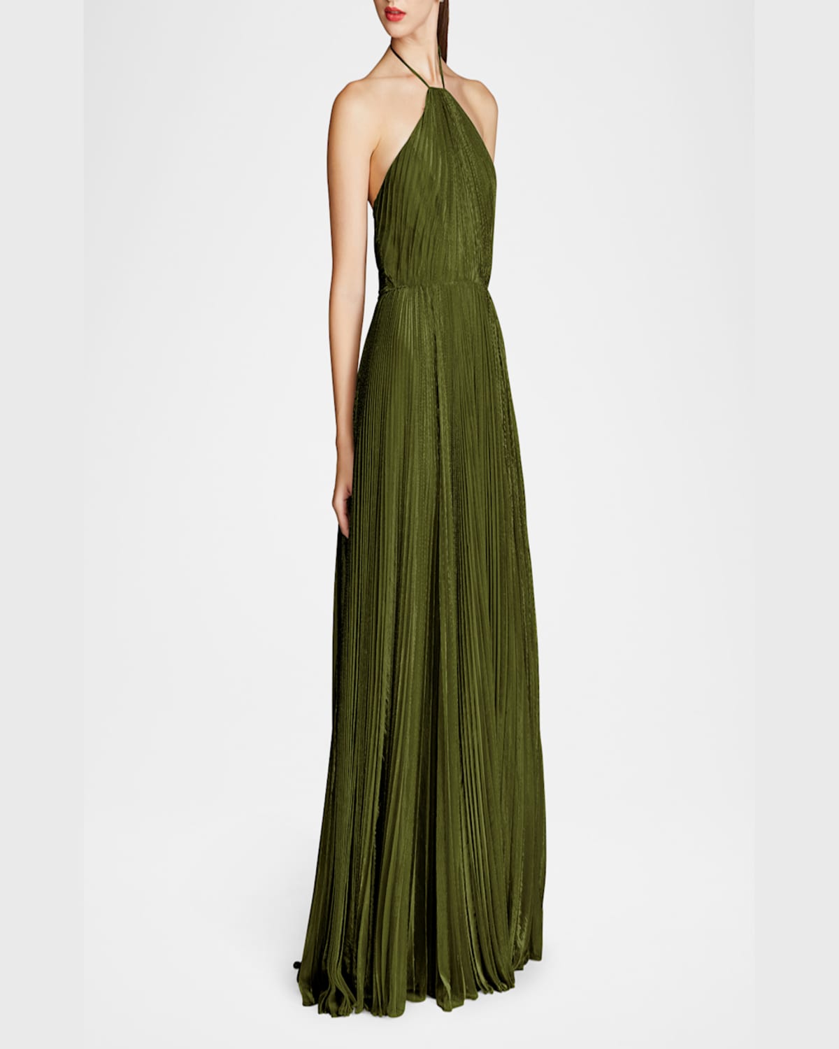 HALSTON MARISOL PLEATED A-LINE HALTER GOWN 