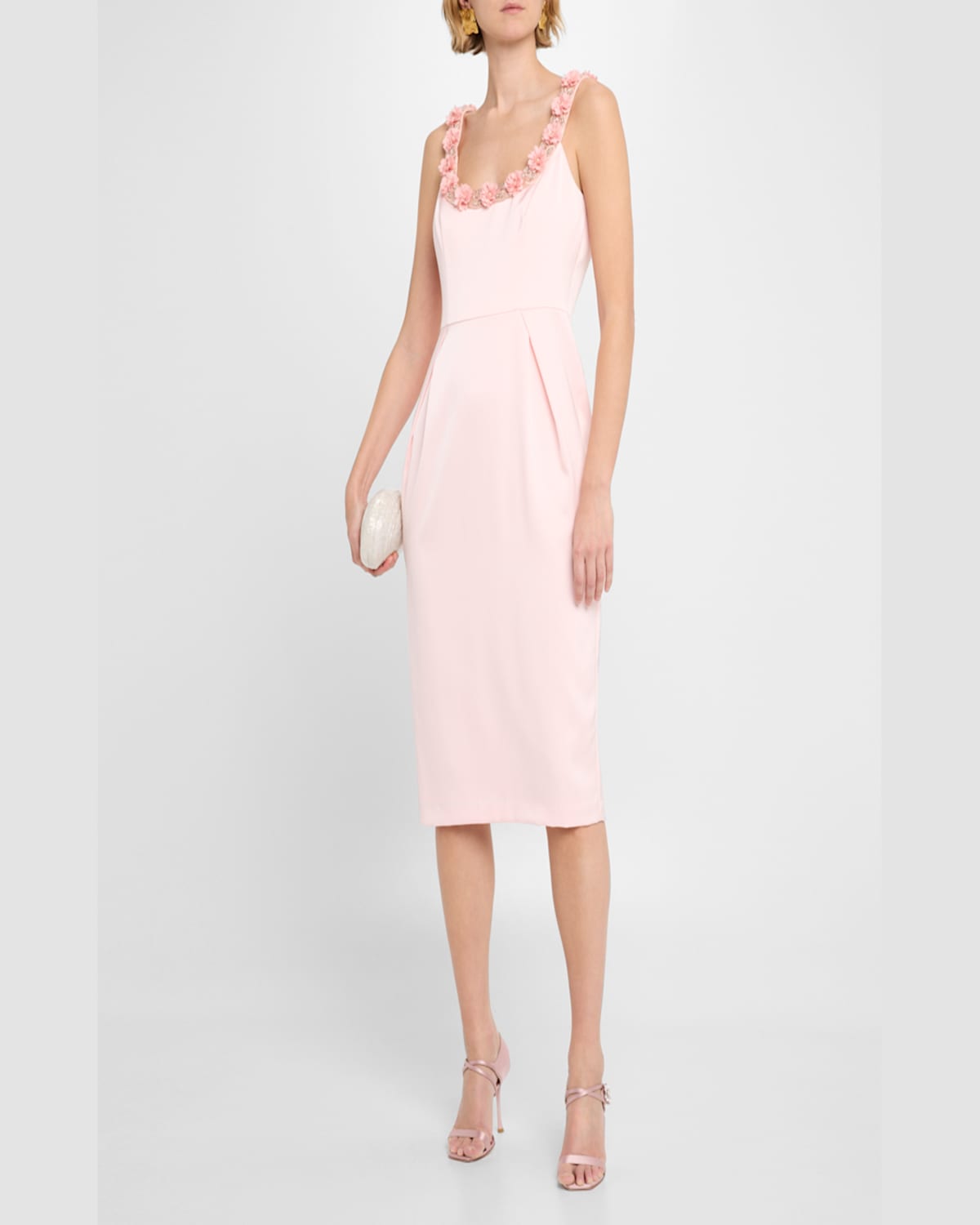 Aidan Mattox Bodycon Beaded Floral Applique Midi Dress In Pink Peach