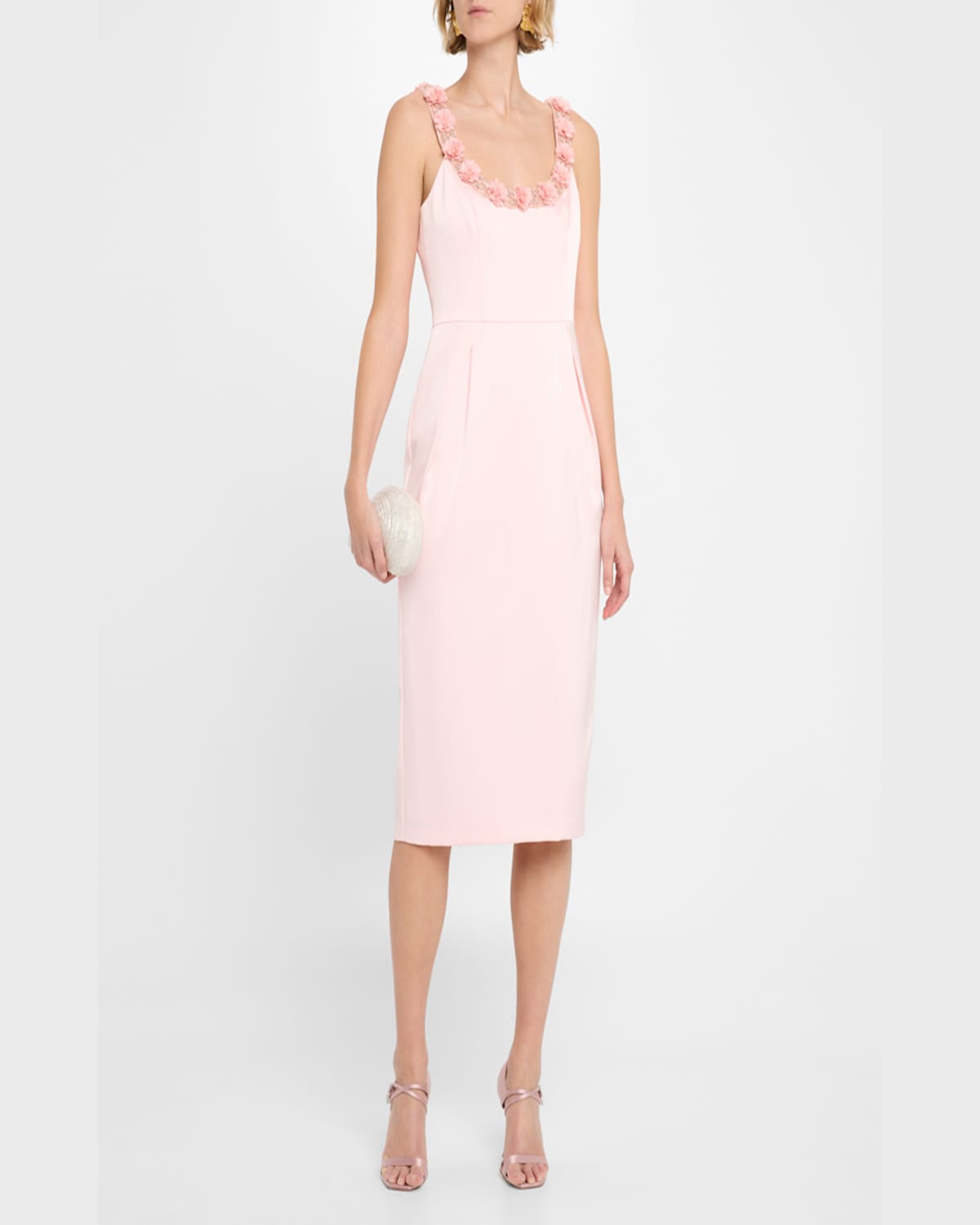 Aidan Mattox Bodycon Beaded Floral Applique Midi Dress In Pink Peach