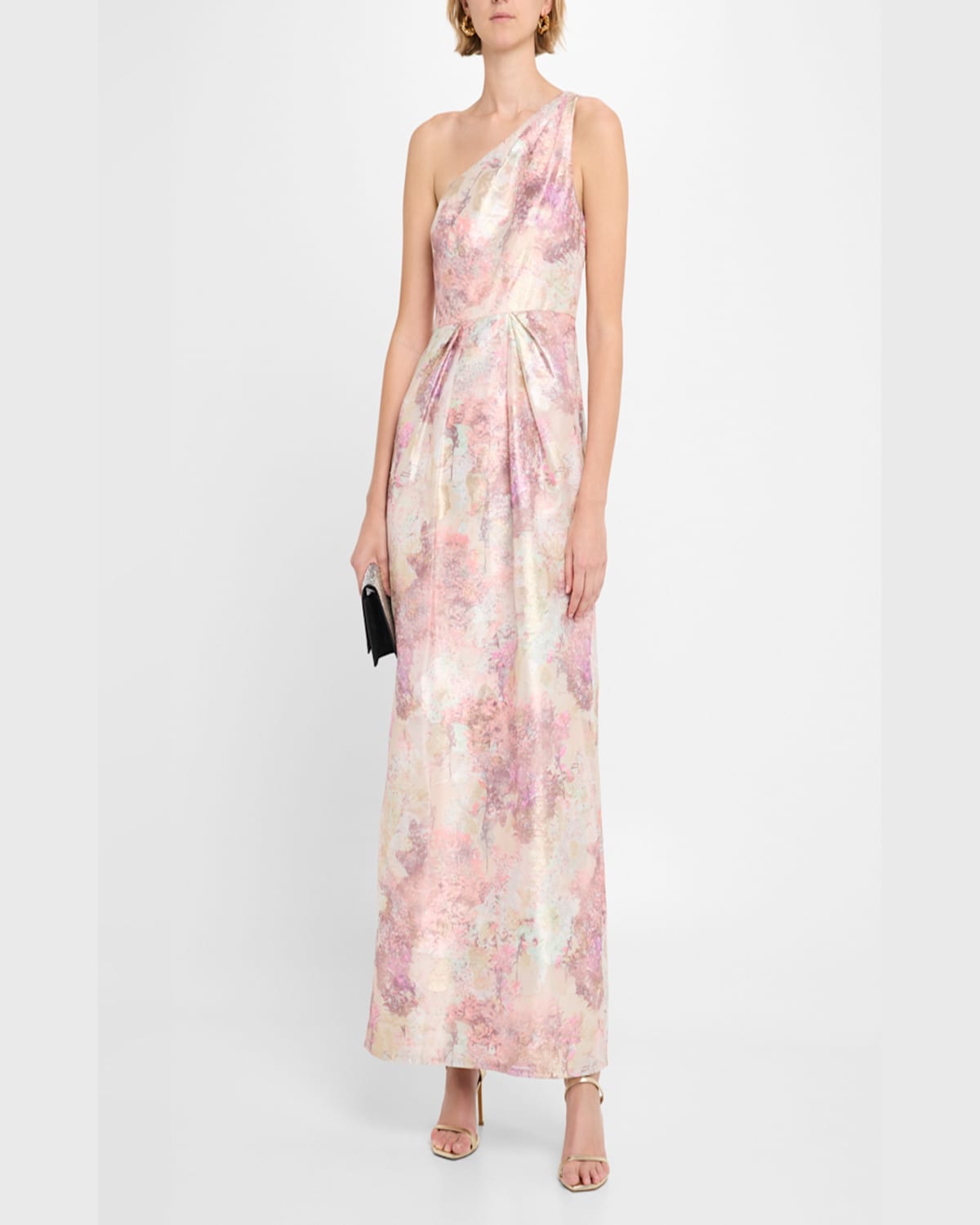 Aidan Mattox Pleated One-shoulder Metallic Jacquard Gown In Pink Multi