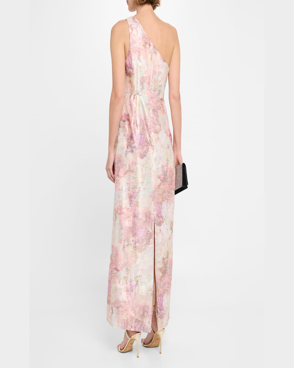 Aidan Mattox Pleated One-shoulder Metallic Jacquard Gown In Pink Multi